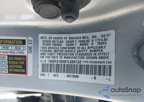 2007 Honda Civic Lx from USA, damaged, VIN 1HGFA16587L089133